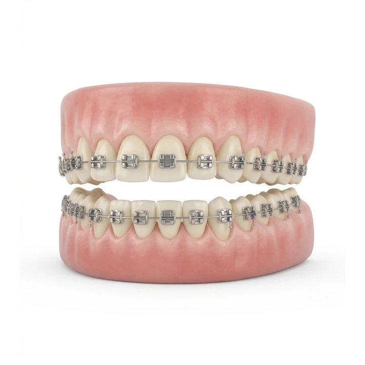 Render referencial de una dentadura completa con brackets metálicos