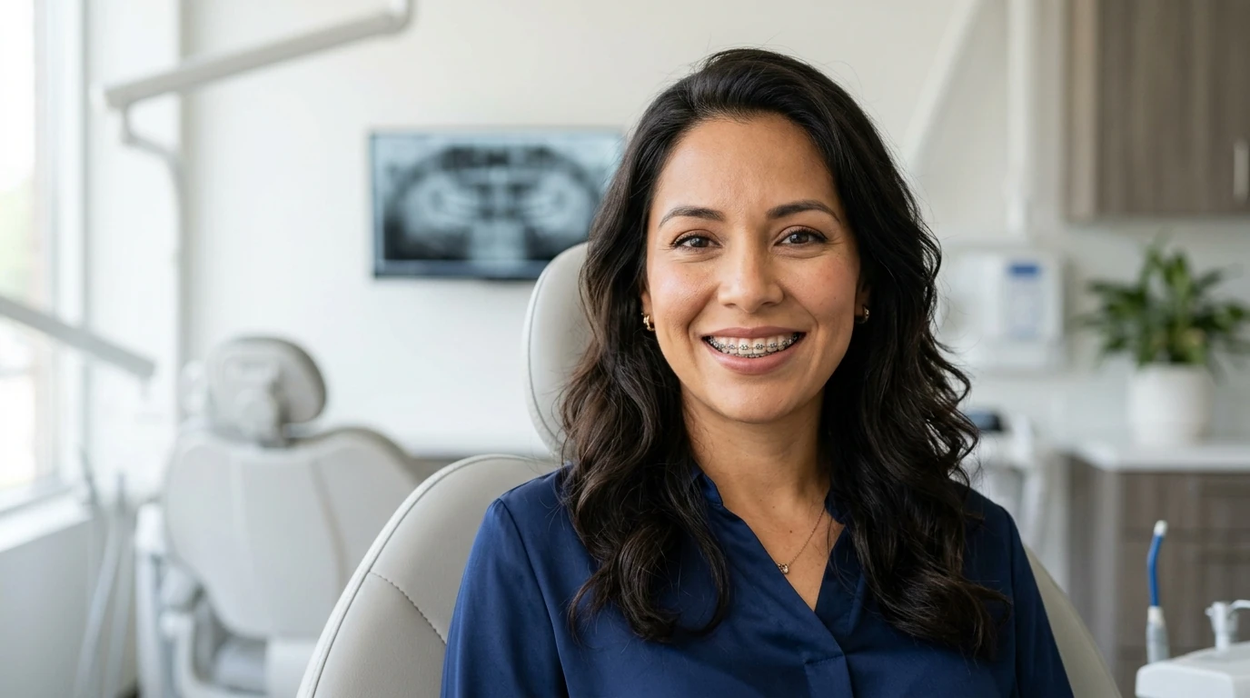 Paciente sonriendo con brackets metálicos en un consultorio dental